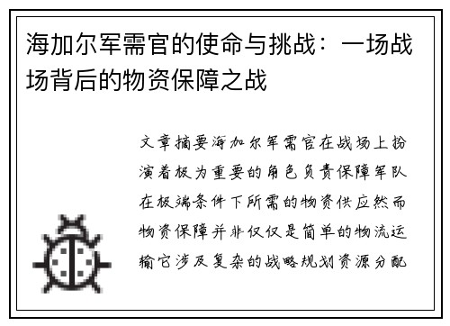 海加尔军需官的使命与挑战：一场战场背后的物资保障之战